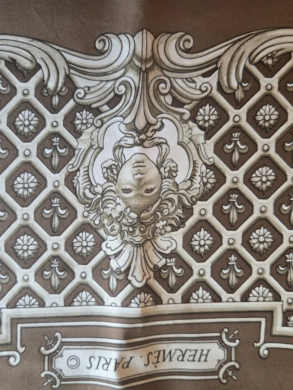 Hermès Paris Louis XV Carré 90 Silk Scarf Brown Ivory with Box
